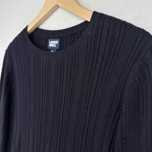 LANDS END Sweater Womens M 10-12 Cable Knit Jumper Pullover Stretch Cotton Black